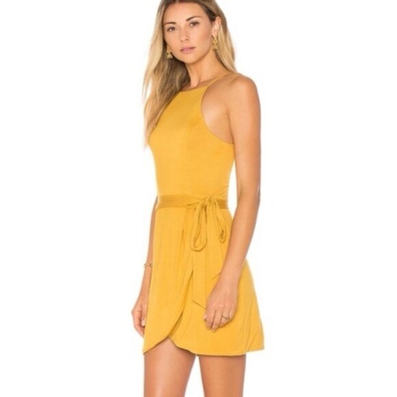 House of Harlow 1960 x Revolve Gold Rya Mini Dress SMALL Tie Waist‎ Soft Rayon - Picture 1 of 11